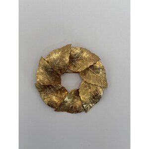Vintage Napier Circle Of Leaves Brooch Pin Textured Gold Tone Signed